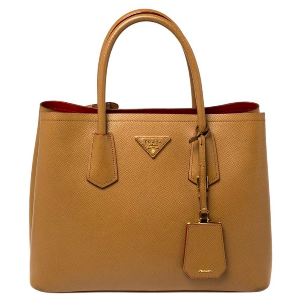 Prada Saffiano Medium leather double bag in tan with red interior